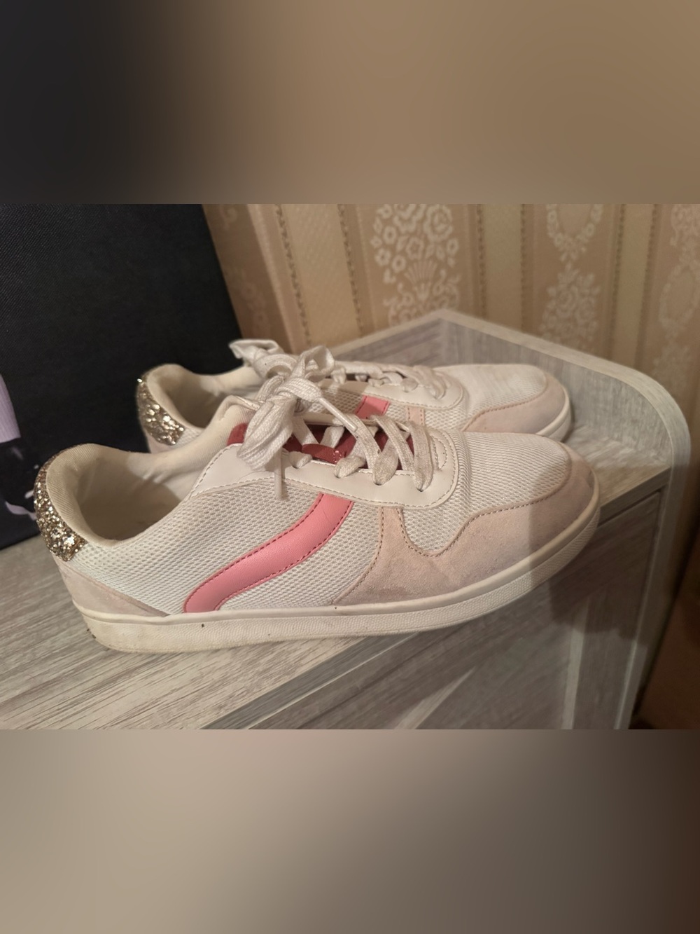 Old Navy White Sneakers with Pink Stripe and Gold Heel